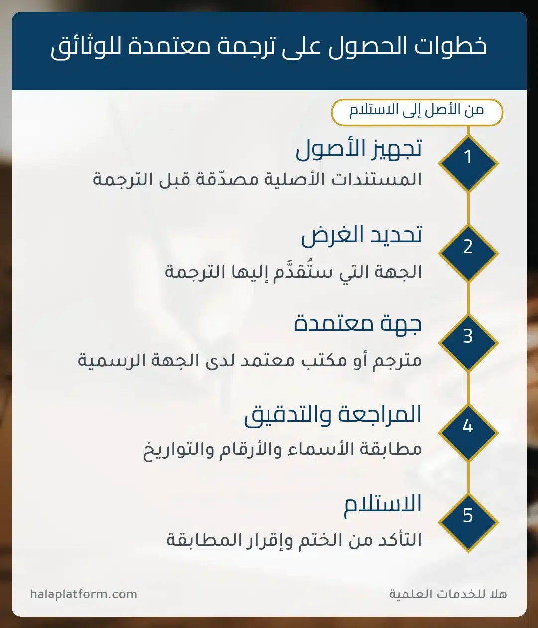 إنفوجرافيك خطوات الحصول على ترجمة معتمدة للوثائق من تجهيز الأصول إلى الاستلام